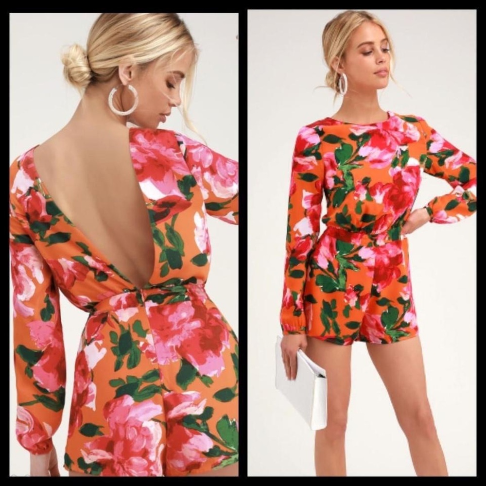 Lulu's Sweetest Song Orange Floral Romper Low V Back Long Sleeve Size S - Picture 2 of 15